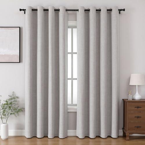 Joydeco 100% Blackout Linen Curtains 90 Inches Long 1 Panel, Thermal Insulated Burlap Curtain & Drapes, Grommet Room Darkening Textured Curtains for Bedroom Living Room (52x90 inch,Greyish White)