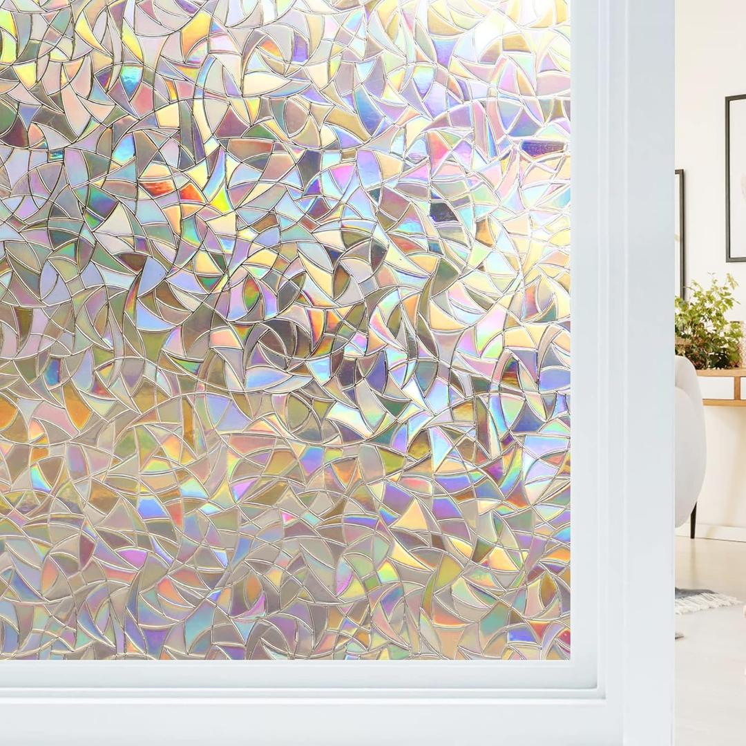 Haton Window Privacy Film, Stained Glass Rainbow Film Decorative Window Clings, Static Cling Sun Blocking Stickers Decals Coverings Tint for Home Heat Control, Non-Adhesive 17.5" x 78.7" (Clear)