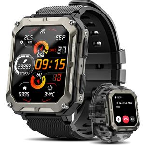 Rgthuhu Military Smart Watches for Men (Answer/Make Call), 100M Waterproof Rugged Smart Watch for Android Phones and iPhone, 1.9" Outdoor Sports Fitness Tracker with Heart Rate, Sleep Monitor, Black