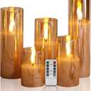 Eywamage 5 Pack Gold Glass Flameless Candles with Remote, Flickering Slim Tall LED Pillar Votive Candles Battery Included