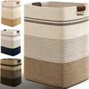 Laundry Hamper, 95L Tall Laundry Basket with Leather Handles, Rectangle Large Clothes Hamper for Organizing, Cotton Woven Laundry Baskets Storage Hampers for Bedroom, Nursery, Living Room (Rice Brown & White)