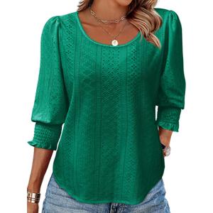 Tankaneo Womens 3/4 Length Sleeve Ladies Tops and Blouses Casual Eyelet Top Crewneck Dressy Shirts with Smocked Cuffs 2025 (Green, L)