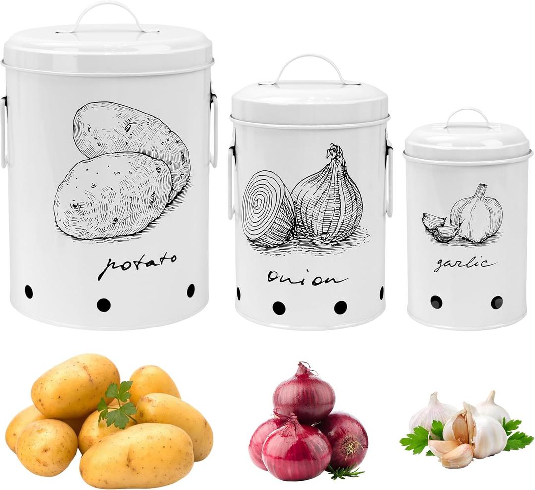 Kitchen Potato and Onion Storage Bin,Metal Vegetable Storage Bins Set of 3 with Aerating Holes and Lids,Farmhouse Canisters Sets for the Kitchen Countertop (1, Circular)
