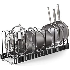 Expandable Rack for Cabinets - Vdomus Adjustable Black Pot Rack with 4 DIY Storage Positions - Holds up to 14 Pans, Pots, or Lids - Durable Iron Pot Stacker for Kitchen Organization - 8.5"x 31"x11.5"
