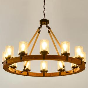 Rustic 12 Light Wagon Wheel Chandelier, Round Wood Pendant Light with Seeded Glass Shade, Rustic Light Fixtures for Dining Room Kitchen Island Foyer Entryway