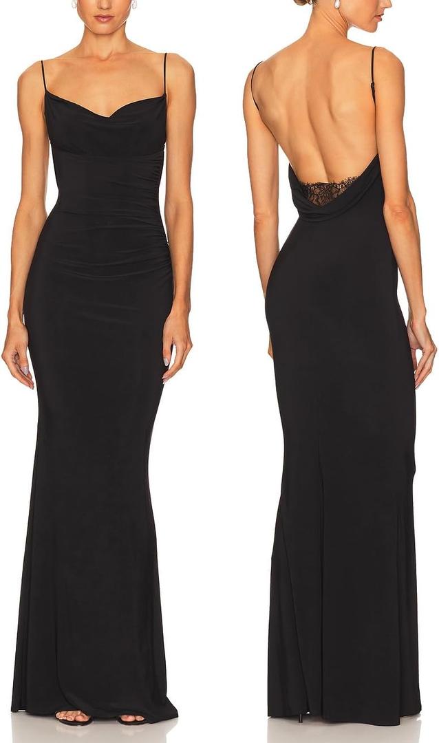 Capuffy Women Drape Neck Formal Maxi Dresses Lace Backless Cocktail Party Dress Spaghetti Straps Mermaid Evening Gown 221 (Small, Black)