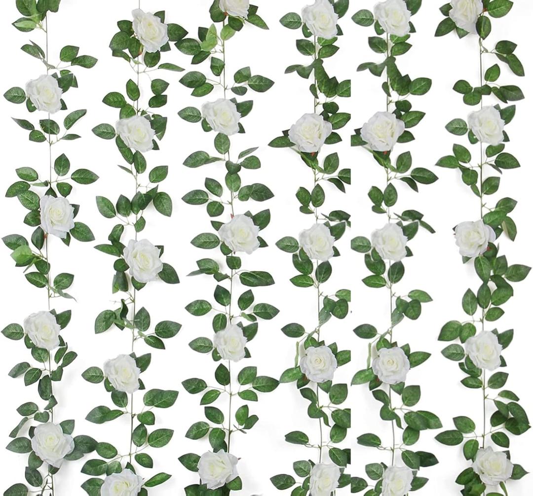 6PCS Artificial Rose Vine 50FT Silk Flowers Garland White Rose Fake Hanging Ivy Vine for Wedding Arch Table Centerpiece Home Table Wall Decor
