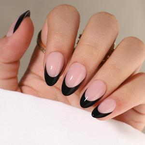 French Tip Press On Nails Almond Short Fake Nails with glue, Soft Gel Black French Tip Press on Gel Nail, Reusable Stick On Nail in 16 Sizes - Glue On Nails 32 Pcs