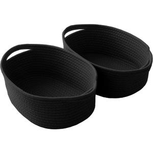 Woven Basket,Small Rope Storage Bin with Handles & Ribbon Bag, Organizer for Shelves Closets,Gift Basket Empty for Birthday,Books,Dog Toys, Black/2 Pack