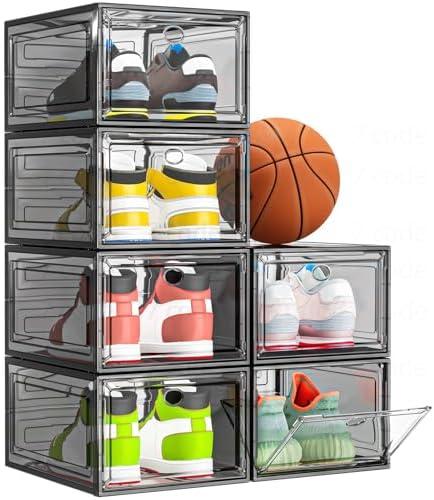 7 code Thicken & Sturdy Clear Shoe Storage Organizer with Magnetic Door, Stackable Boxes for Closet, Foldable Shoe Rack for Sneaker Boot Container, Plastic Shoe Cabinet Shoe Box 6 Pack, Black