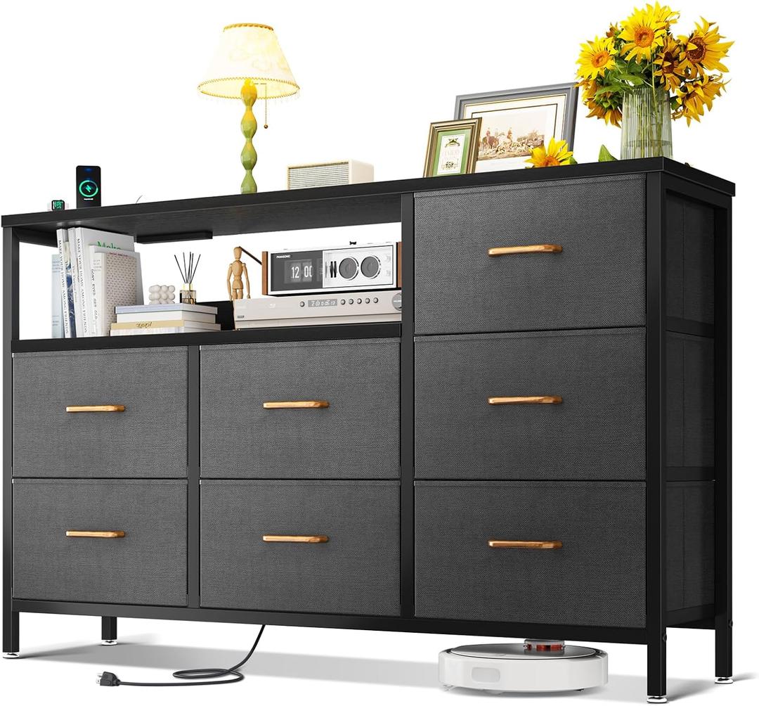 AODK Dresser with Charging Station, 52-Inch Long Dressers for Bedroom with 7 Large Fabric Drawers, TV Stand with Open Shelves for 55-Inch TV, Dark Grey