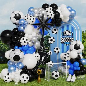 Soccer Balloon Garland Arch Kit, 145PCS Black White Blue Silver Soccer Birthday Decorations with Football Exploding Star Balloon, Soccer Theme Party Decor for Boys, Game Day Watch Party Decorations, 145 Count