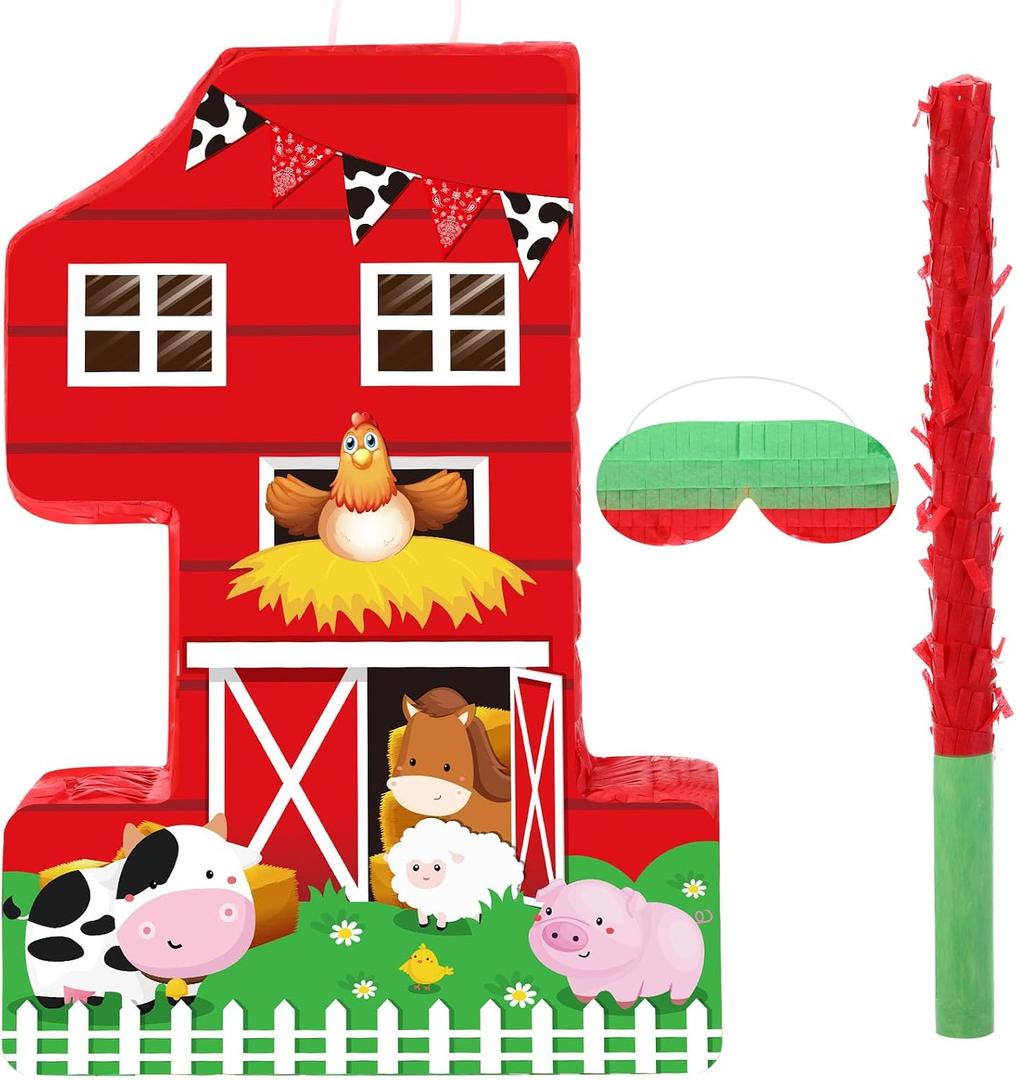 Hungdao Farm Birthday Pinata Number Pinata with Blindfold Bat and Confetti Animal Pinata for Boys Girls Birthday Party Decorations Barnyard Baby Shower Carnival Game Supplies(farm Number 1)
