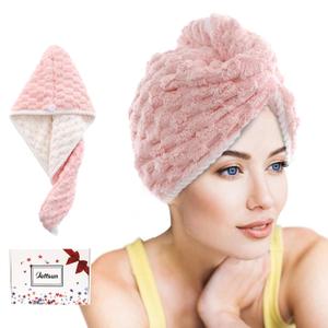 JEFFSUN Microfiber Hair Drying Towel Wrap, 2-Layer Extra Thick Super Absorbent Hooded Hair Towel for Women Long Wet Hair, 2 Colors Pink & White Reversible Hair Turban Towel, Girls Stocking Stuffers