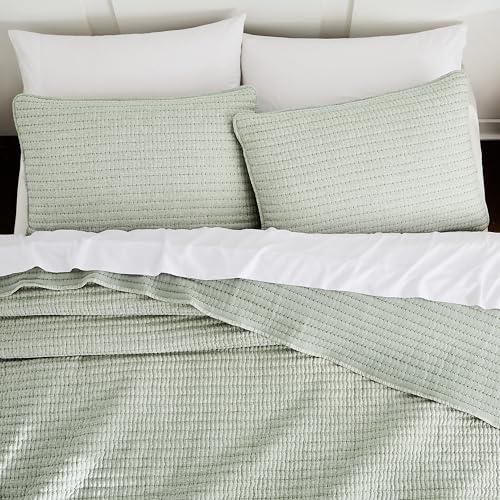 WDCOZY Sage Green Pick Stitch Twin Size Quilt Set, Striped Lightweight Soft Summer Spring Bedspread, Bamboo Linen Like Textured Coverlet, Chambray Farmhouse Country Rustic Thin Bedding Comforter