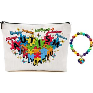Autism Puzzle Words Makeup Bag for Women Teacher Mom, Large Capacity Makeup Pouch Travel Organizer Toiletry Cosmetic Bag, Autistic Puzzle Elastic Natural Stone Beaded Bracelet, Gifts for Women (Multicolor 1192)