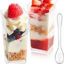 Zezzxu 50 Pack Mini Dessert Cups with Spoons, 3 oz Mini Square Shooter Cups for Desserts, Plastic Dessert Cup for Serving Party Appetizers Cheesecake Pudding Mousse