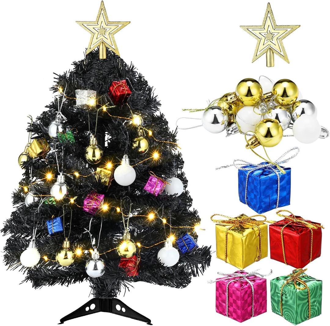 Hungdao 20 Inch Tabletop Mini Christmas Tree Set with LED Lights Artificial Small Xmas Tree DIY Decor Ornaments Balls, Star Treetop for Home Indoor Table Desk(Black)