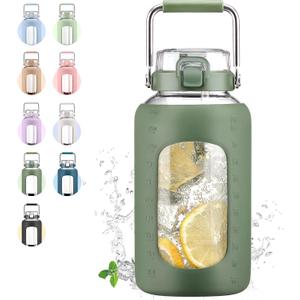 84oz Glass Water Bottle with Stainless Steel Handle,2.5L Gallon Water Bottle with 2-IN-1 Straw Lid, Silicone Sleeve and Motivational Capacity Marker, Wide Mouth Water Jug For Gym, Workout, Olive