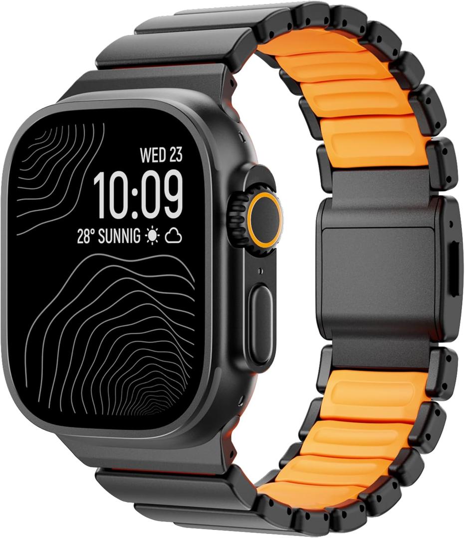 Luxury Titanium Silicone Dual-Layer Link Bands Compatible with Apple Watch Band Ultra 3/2/1 49mm 46mm 45mm 44mm 42mm, Men Women Magnetic Clasp Metal Bracelet for iWatch Series 11 10 9 8 7 6 5 4 SE (Black-Orange, 49mm/46mm/45mm/44mm/42mm(Series 3))