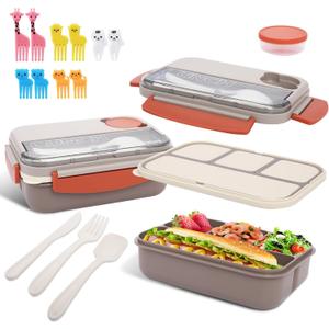 Bento box adult work lunch box, adult container, with 4 compartments, lunch container with cutlery (knife, fork, spoon, sauce box), animal fruit fork, microwave and dishwasher safe, Bee gray