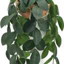 Hanging Plants Artificial Decor, Fake Hanging Plant in Clay Pot Artificial Hanging Plants with Fake Leaves and Hook for Wall Home Room Indoor Outdoor Decor (Dark Green)