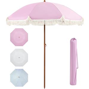 Aoxun 7ft Patio Umbrella with Fringe,Outdoor Beach Umbrella with Aluminum Pole, Ribs Push Button Tilt and Carry Bag, UV 50+ Picnic Tassel Umbrella(Pink)