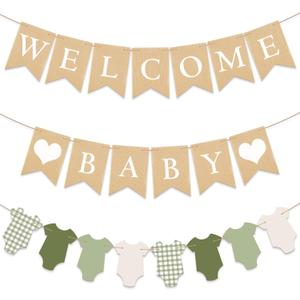 VitalCozy 3 Pcs Baby Suit Banner Pre Strung Burlap Bunting Garland and Welcome Baby Shower Decorations Newborn Birth Sign for Boy Girl Gender Neutral Birthday Gingham Party Supplies Photo Backdrop