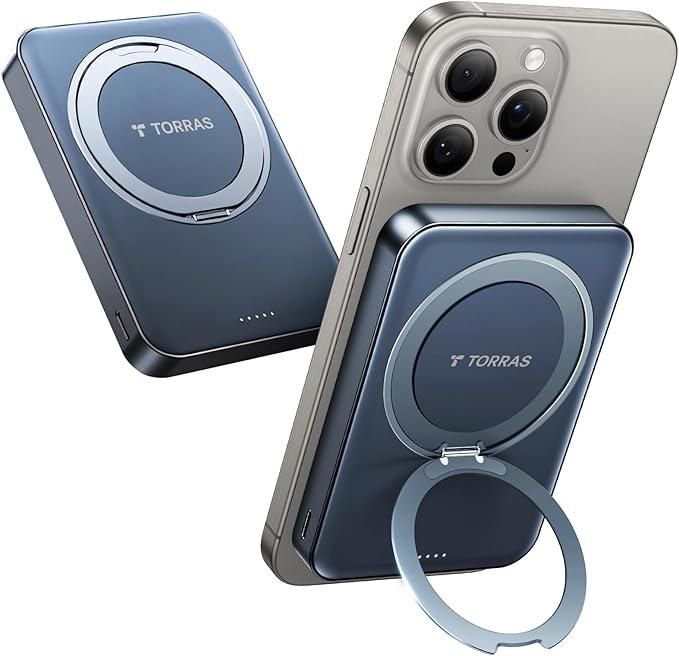 TORRAS 10,000mAh, Qi2 Certified,15W Fast Wireless Portable Charger with USB C Cable, 20W in/Out Wired Charging Power Bank with Stand, Magnetic Battery Pack for iPhone 17 Pro Max/16/15/14/13/12