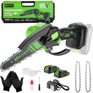 8 Inch Cordless Mini Chainsaw  21V Battery Handheld, 2x2600mAh | Auto Oiler, Portable Electric Chainsaw Safety Lock for Tree Trimming/Wood Cutting/Gardening/DIY(8-in-2 batteries)