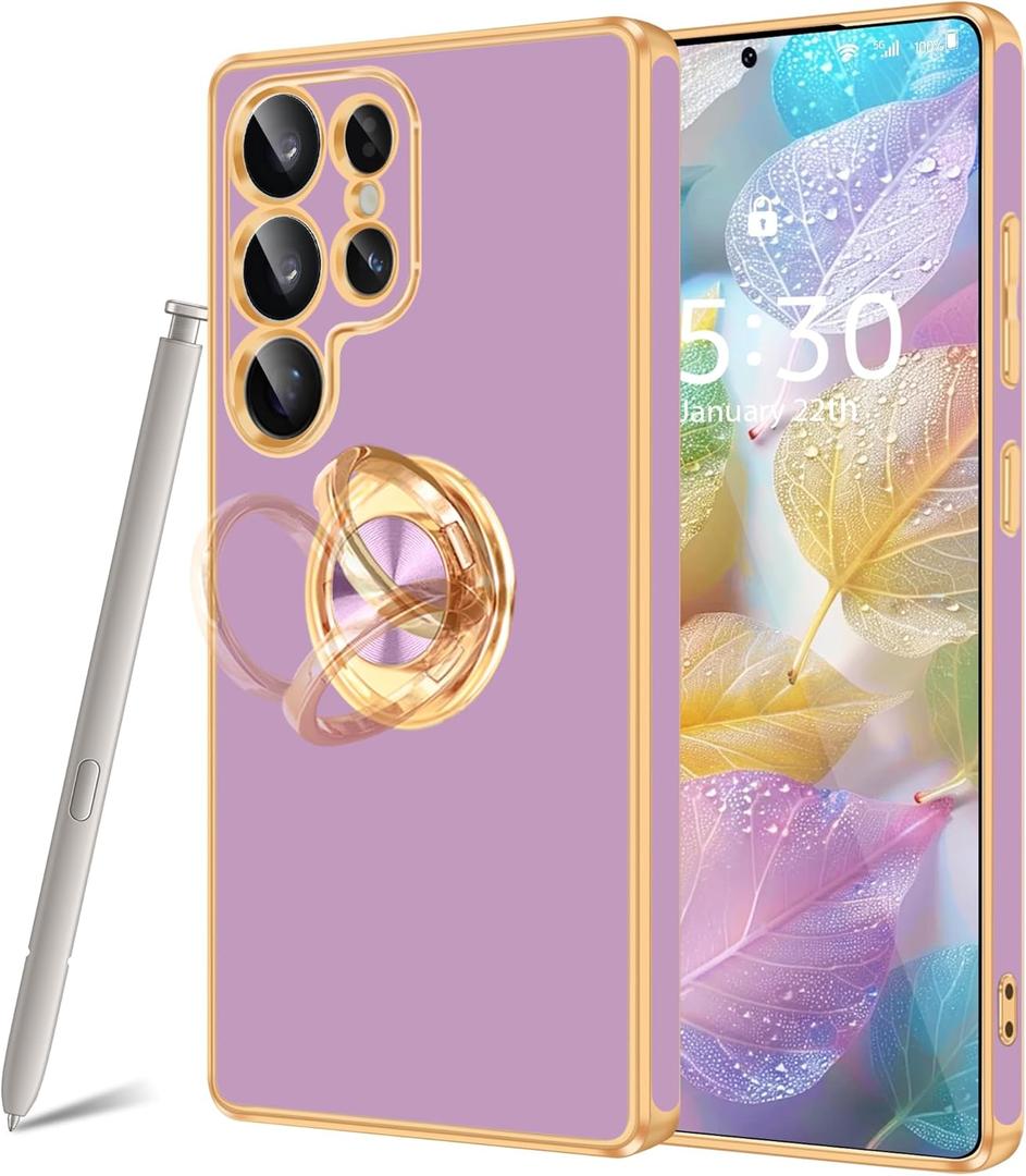 Fingic for Galaxy S25 Ultra Case[with 360Rotatable Ring Holder] Support Magnetic Car Mount Shiny Plating Gold Slim Thin Soft TPU Rugged Bumper Anti-Scratch Case for Galaxy S25 Ultra,Lavender Purple