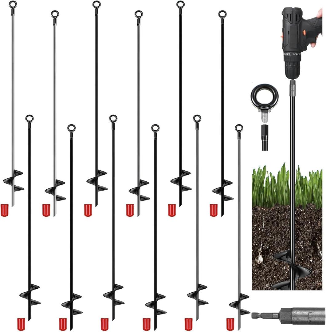 Yaocom 12 Pcs 40 in Long Ground Anchor 4" Wide Helix 14 mm Rod Earth Auger
Metal Heavy Duty Ground Anchor Hook Wind Stakes Eye Anchor for Guying Tents Fencing Canopies Shed Bridge House, Summer Winter