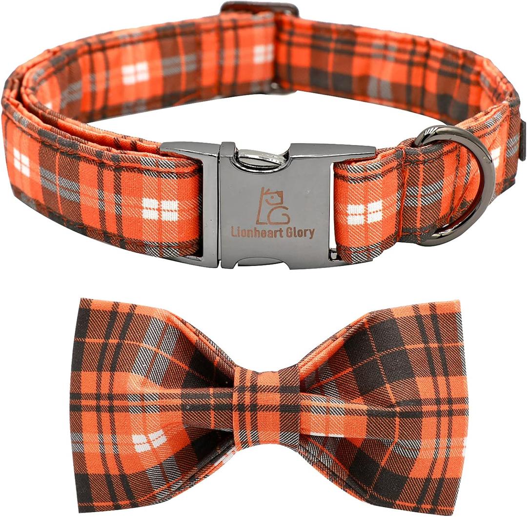 Lionheart glory Halloween Holiday Dog Collar Adjustable Soft Dog Collar with Bowtie, Pet Gift Dog Collars Bow for Small Medium Large Dogs (Small (Pack of 1, Orange Grid)