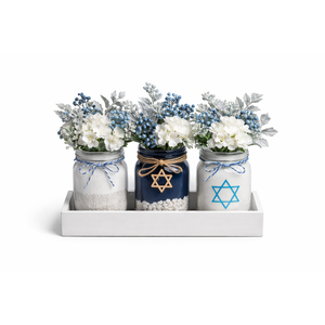 Hanukkah Mason Jar Floral Arrangement Table Centerpieces Set 3 Glass Jars with Fairy Light String, Wooden Tray & Blue Hydrangeas Jewish Holiday Decor for Table Farmhouse Kitchen Office Wedding 