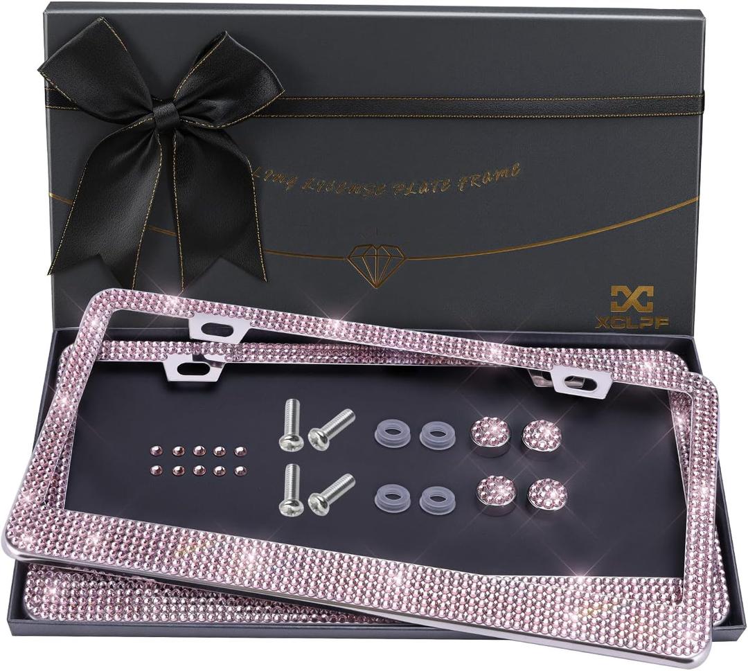 Bling License Plate Frames for Women, 2 Pack, Clear Rhinestone, Pink