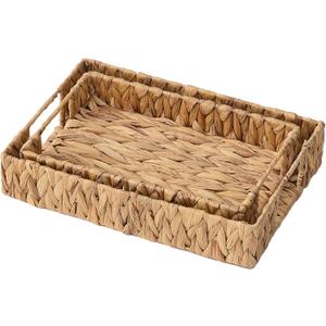 Hand-Weaving Wicker Serving Tray with Handle, Natural Grass Weaving for Storage or Decoration, Set of 2 Rectangle