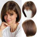RENERSHOW Short Brown Bob Wigs for Women Brown Mixed Blonde Synthetic Wig with Bangs 10inch Average Size Natural Looking Daily Party Wig (Brown, Pack of 2)