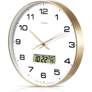 Wall Clock, 14" Large Dial Non-Ticking Silent Battery Operated Analog with LCD Display for Perpetual Calendar and F° Temperature, Ideal Modern Home, Bedroom, Office Decor (Gold)