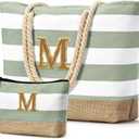 Becokan Beach Bag Initial Beach Tote with Makeup Bag for Travel Work Storage Personalized Birthday Gifts for Women Her (Light Green)