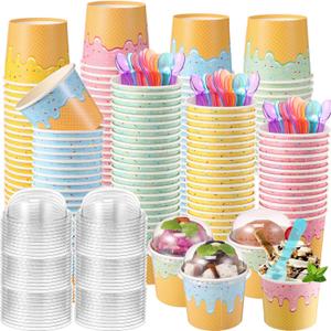Jingmore 100 Pack Ice Cream Cups with Lids and Spoons Paper Dessert Cups Colorful Sundae Bowls Disposable Ice Cream Containers for Hot Soup Spring Summer Graduation Bar Party Supplies (6 oz)