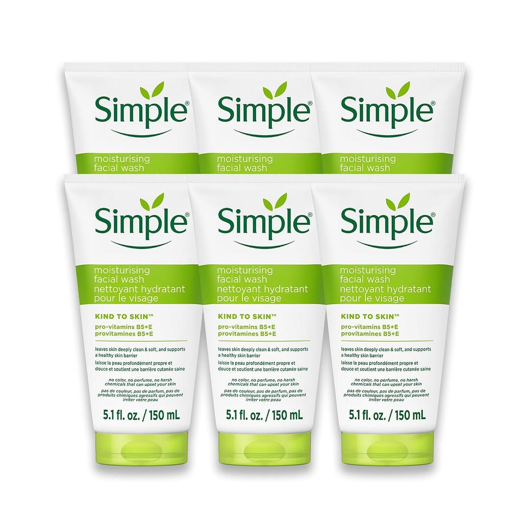 Simple Kind To Skin Moisturizing Face Wash - Facial Cleanser with Vitamin B5 and E - Removes Oil, Dirt, and Other Impurities - Sulfate Free - 6 pc