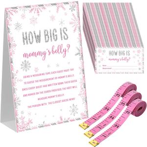 Sinload 54 Pcs Winter Snowflake Baby Shower Games Pink Snowflake Measure Belly Bump Party Game Include How Big Is Mommy's Belly Sign 50 Guessing Cards 3 Measuring Tapes for Winter Baby Shower Party