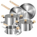 CAROTE 12 Pcs Stainless Steel Cookware Set, Stainless Steel Pots and Pans Set with Tempered Glass Lids, Induction Kitchen Cookware Sets with Stay-Cool Handles,Includes Stockpot, Silver