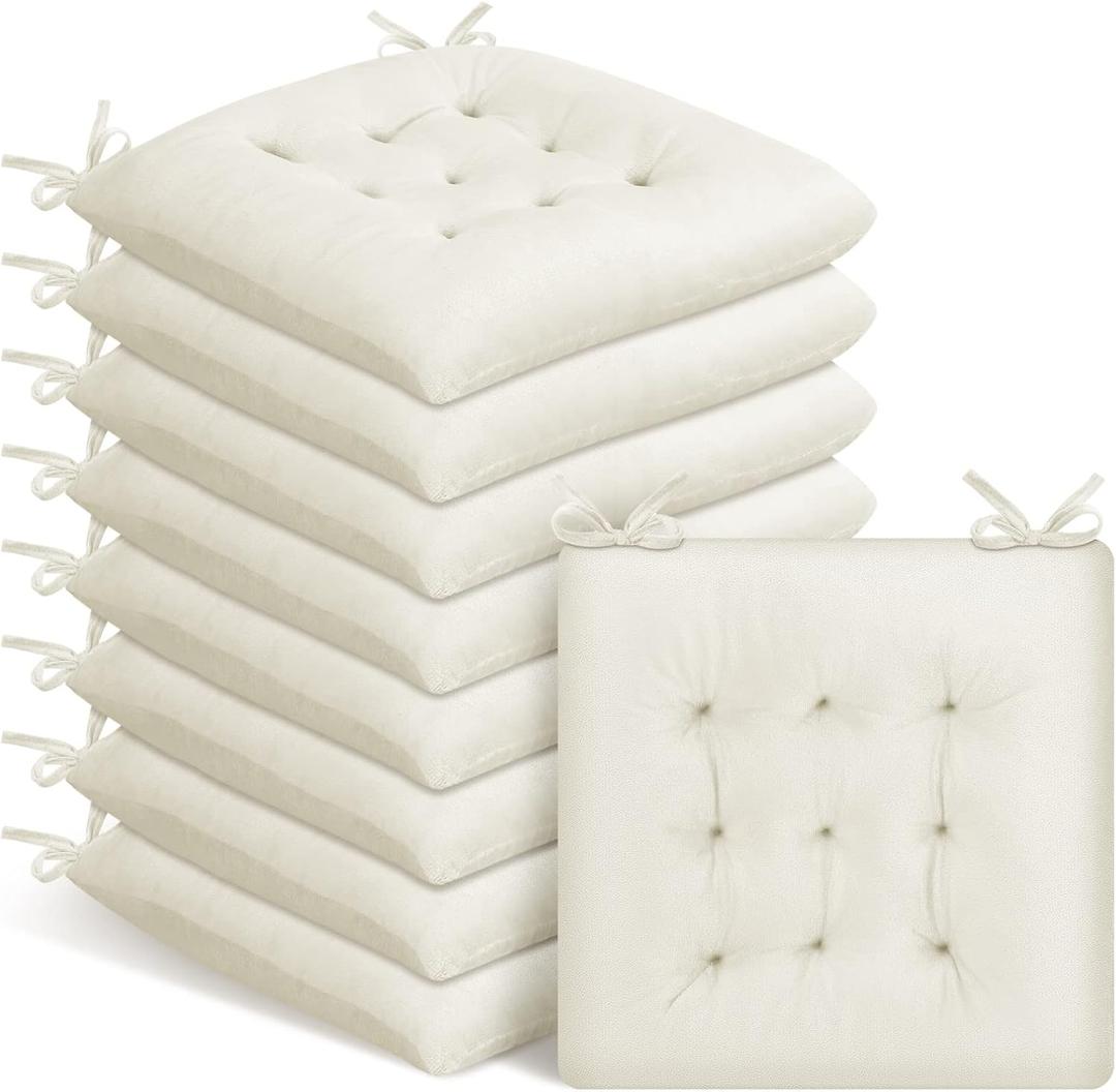Roowest 9 Pack Seat Cushion Chair Cushions Pads with Ties Non Slip Chair Mat for Kitchen Office Dining Chairs Sofa Patio Furniture Indoor Outdoor Use, 16 x 16 Inch (Beige)