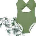 Girls One Piece Swimsuit Cut Out Ruffle Bathing Suit Twist V Neck Swimwear Solid Color with Cover Up Skirt, 15-16Y