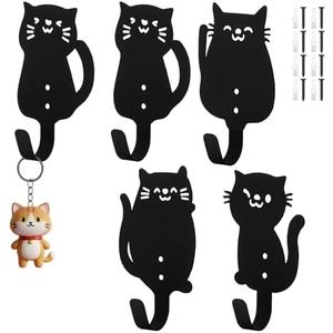AceOrbit 4 Pcs Cute Cat Metal Hooks Wall Mount Iron Black Decorative Wall Mounted Coat Hooks Cute Animal Key Hanger Decor Cat Lover Gifts for Clohes, Towels, Hats