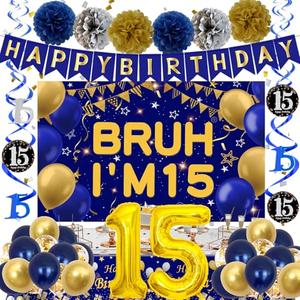 15th Birthday Decorations for Boys, Blue and Gold Happy 15th Birthday Decorations Boy, Bruh I'm 15 Backdrop Happy Birthday Banner Tablecover Number 15 Balloons Pompoms,15 Year Old Boy Bday Party Decor