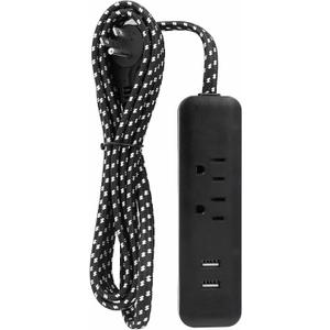 Clear Power 6 ft 2 Outlet + USB Charger Designer Fabric Indoor Flat Plug Extension Cord 16/3 SPT-2, 3 Prong Grounded Plug (Black), CP10054