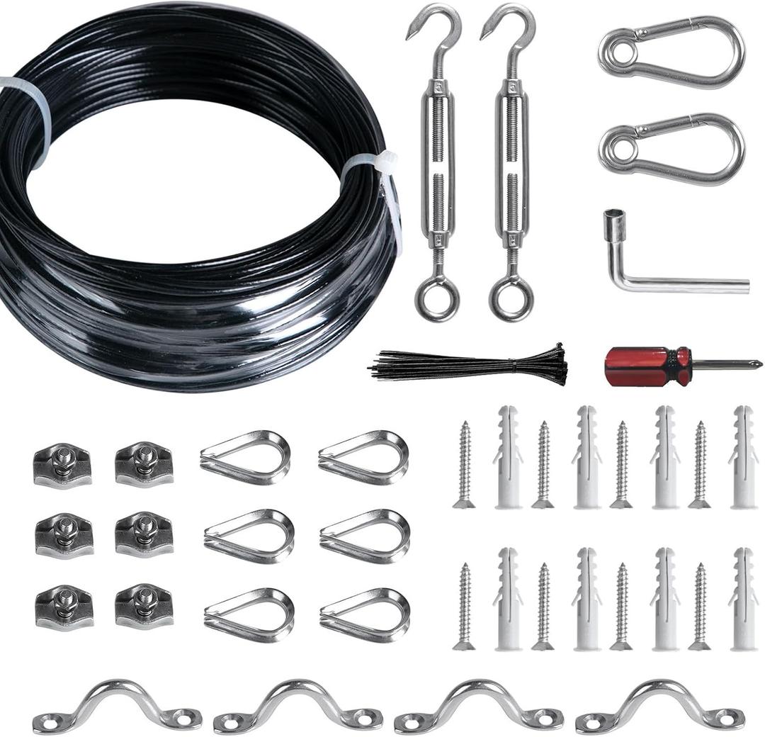 Brightown String Lights Hanging Kit for Outdoor, Includes 100Ft Stainless Steel(304) Suspension Rope Cable in Black Vinyl-Coated, Turnbuckle, Thimble, Hooks. Heavy Duty and Easy to Install