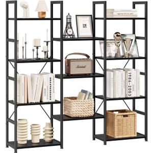 NUMENN Triple Column 4 Tier Bookshelf, Bookcase with 11 Open Display Shelves, Adjustable Rustic Industrial Style Book Shelves, Modern Bookshelves for Bedroom, Living Room and Home Office, Black